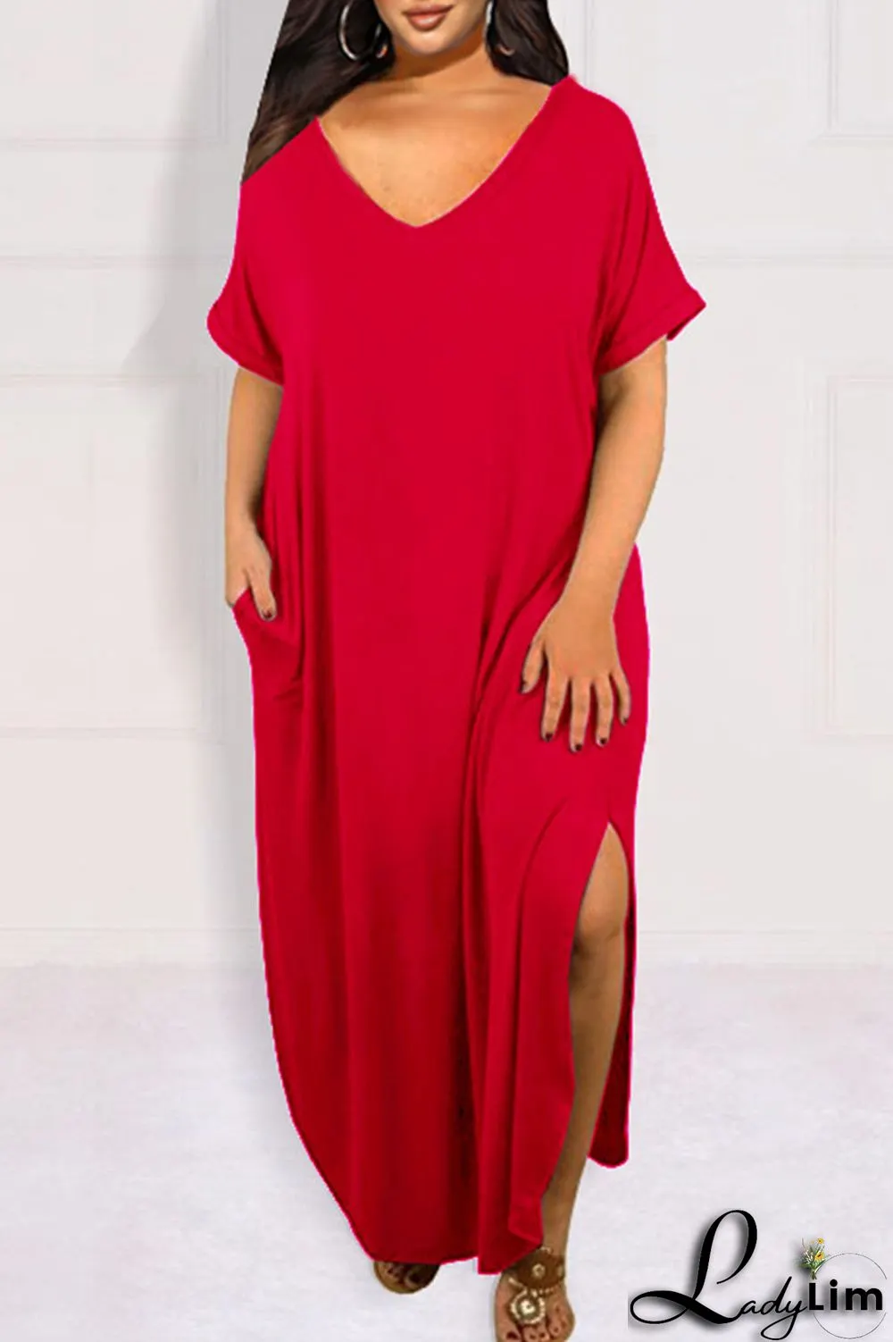 Blue Casual Solid Patchwork Slit V Neck T-shirt Dress Plus Size Dresses