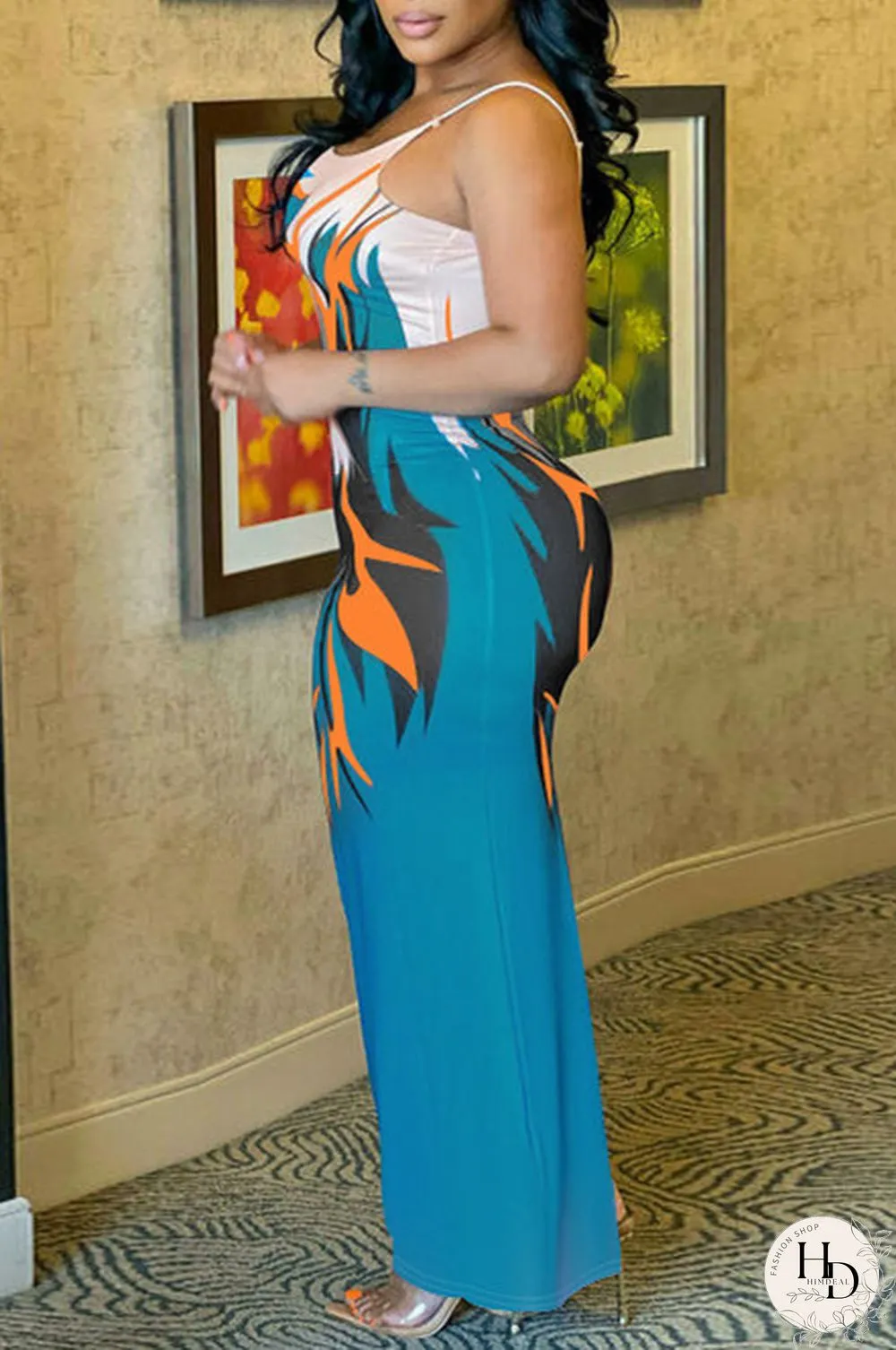 Ginger Fashion Sexy Print Backless Spaghetti Strap Long Dress