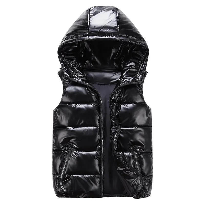 Women Winter Vests 2021 Cotton Padded Puffer Sleeveless Hooded Jacket Short Shiny Bright Color Vest Body Warmer Winter Waistcoat