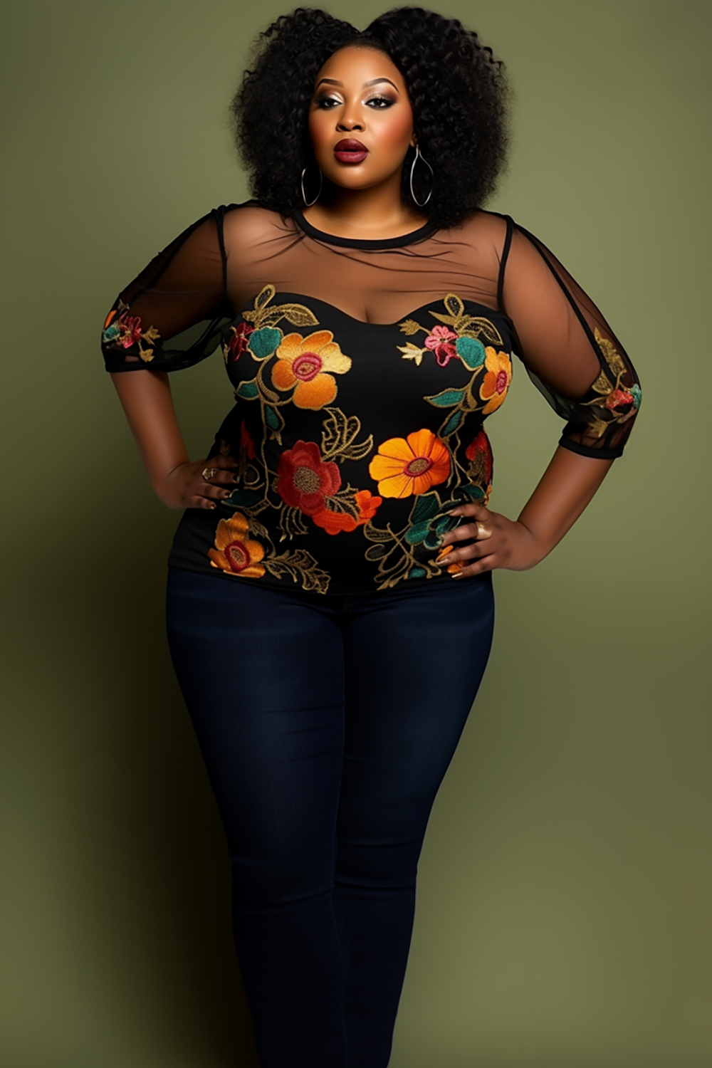 Design Plus Size Daily Black Floral Round Neck 3/4 Sleeve See Through Knitted Blouses [Pre-Order]