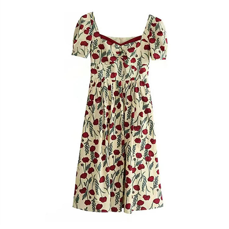 Rose Floral Print Puff Sleeve Dress - Modakawa Modakawa