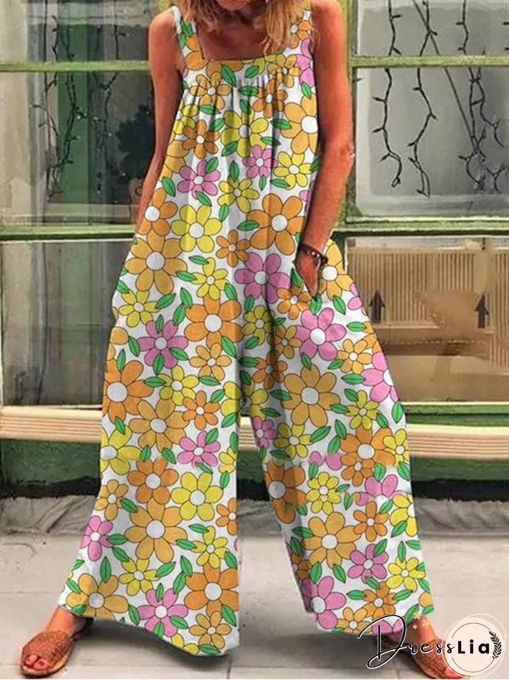 Women'S Jumpsuits Printed Sling Pocket Wide-Leg Jumpsuit