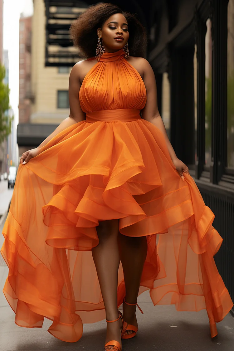 Xpluswear Design Plus Size Semi Formal Orange Halter Collar Ruffle Asymmetric Hem Tulle Midi Dresses