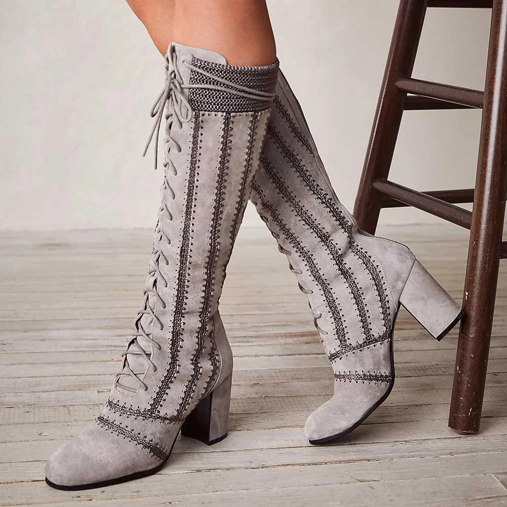 Women's Vegan Suede Round Toe Block Heel Below The Knee Lace Up Boots Nicepairs