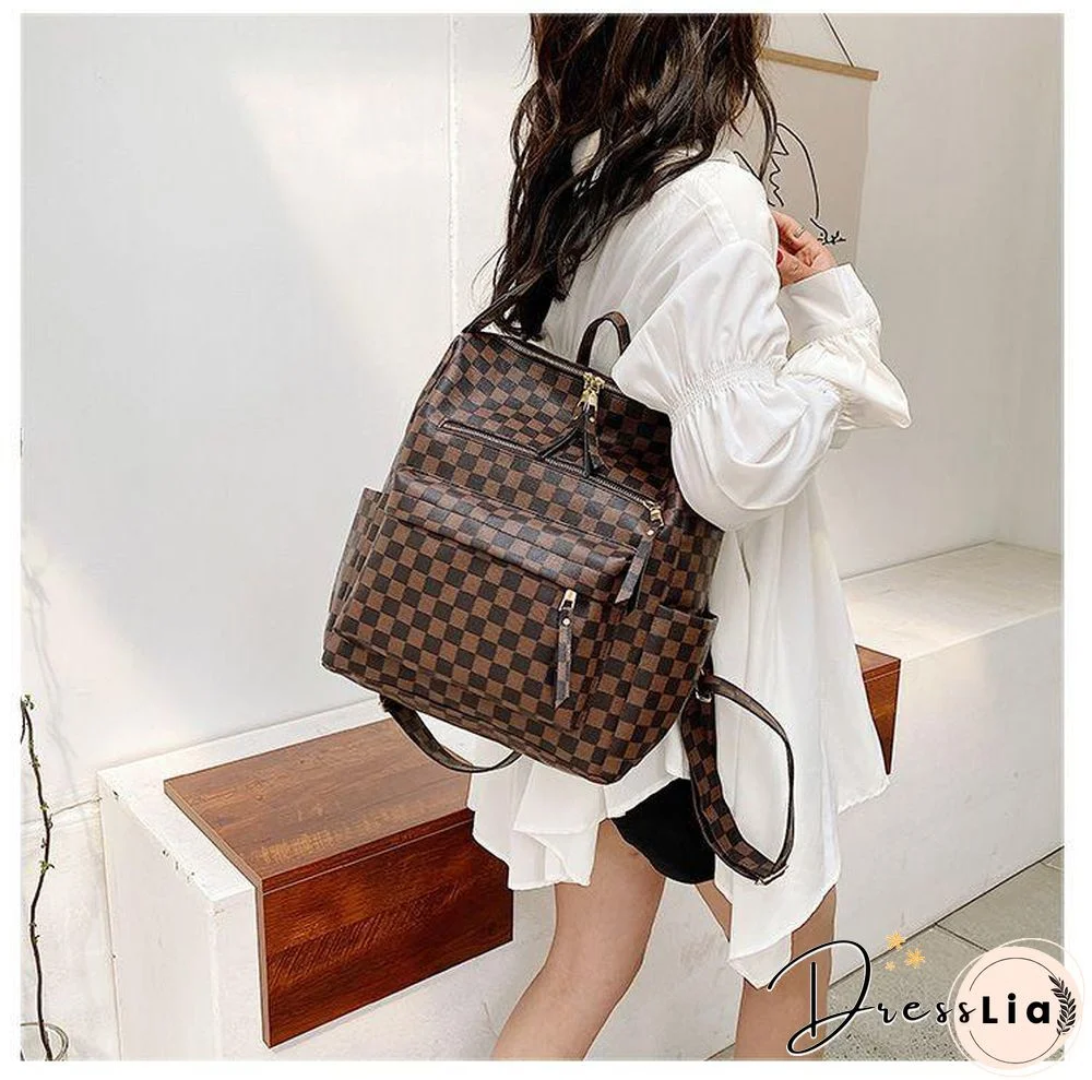 Retro Faux Leather Check Pattern Print Rucksack Vegan Backpack Tote