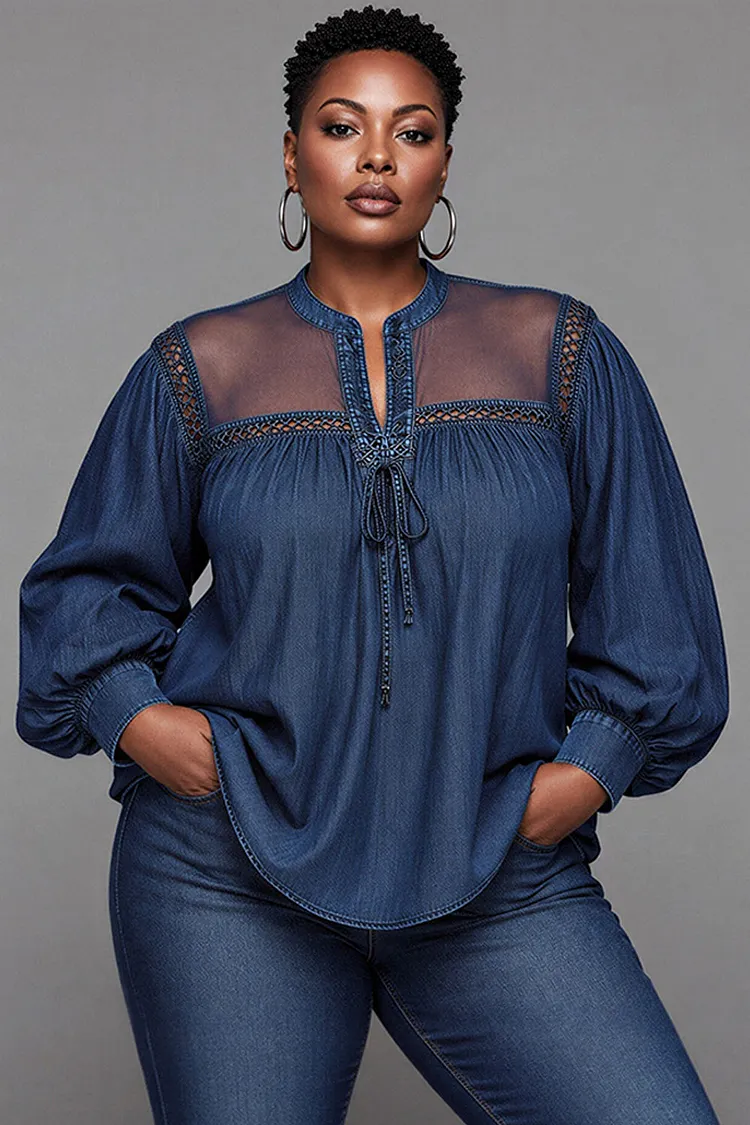Xpluswear Design Plus Size Business Casual Tulle Blue Round Neck Lantern Sleeve Long Sleeve See Through Contrast Tencel Denim Blouses [Pre-Order] 2024 - Xpluswear