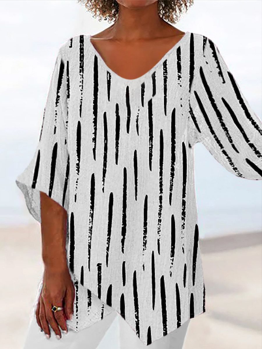 Striped Printed Cotton Linen V-neck Casual Tops