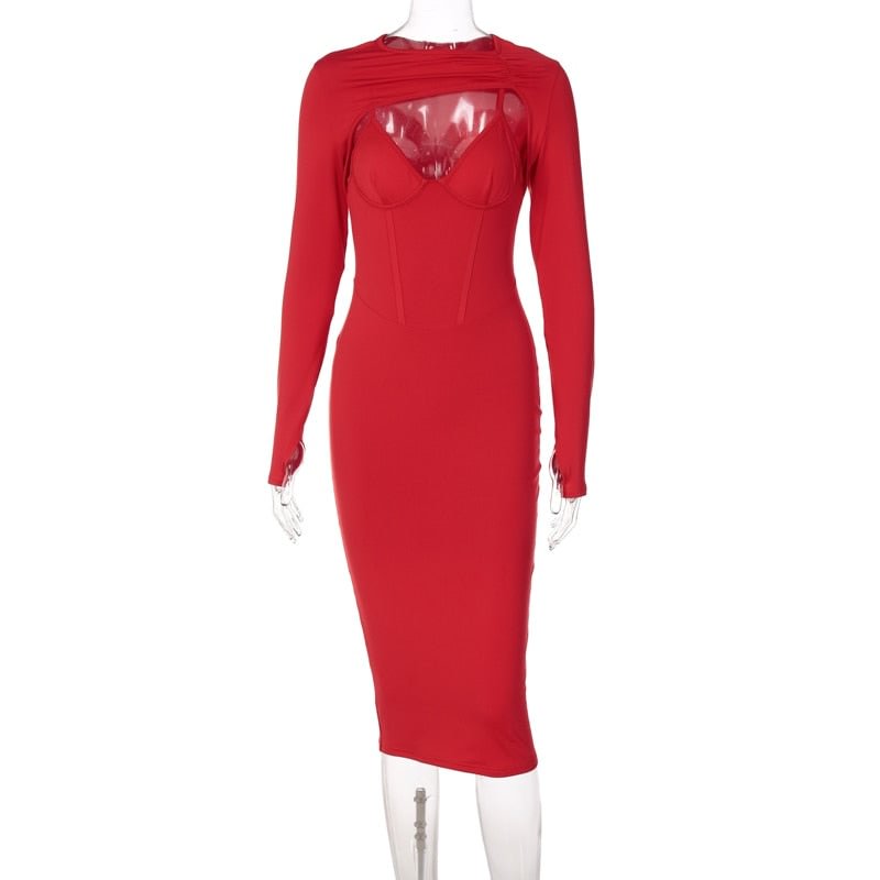 Hawthaw Hollow Out Corset Women Fashion Autumn Winter Long Sleeve Bodycon Party Club Red Pencil Sexy Midi Dress 2021 Clothes