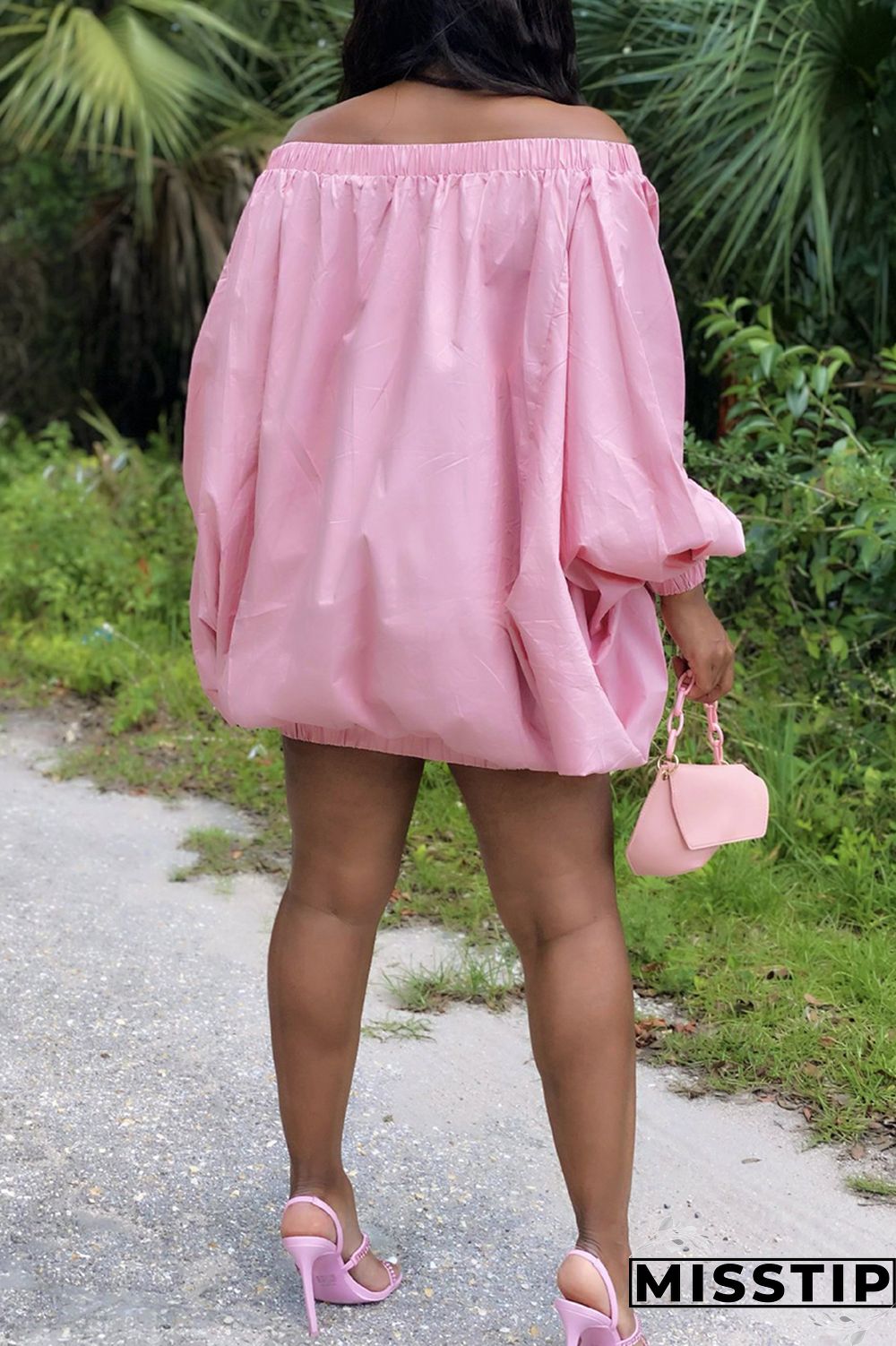 Pink Sexy Casual Solid Backless Off the Shoulder Long Sleeve Dresses