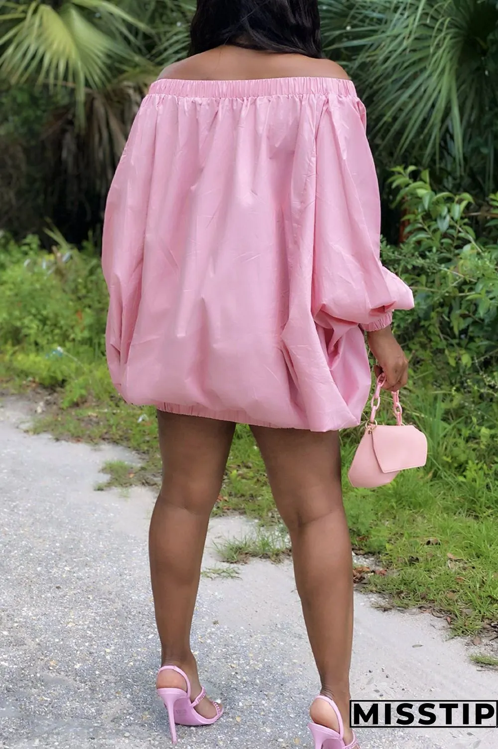 Pink Sexy Casual Solid Backless Off the Shoulder Long Sleeve Dresses