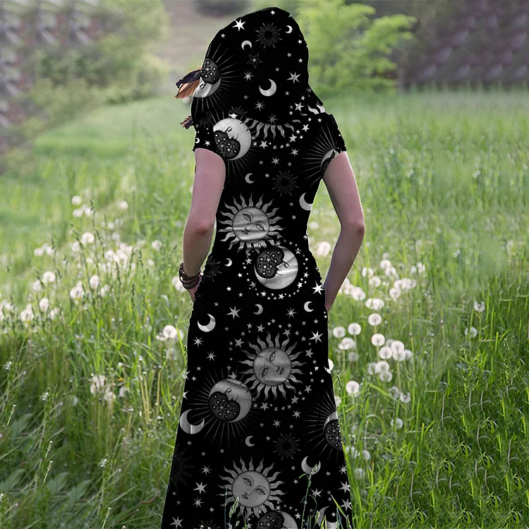 Vintage Starry Sky And Sun Print Hooded Maxi Dress