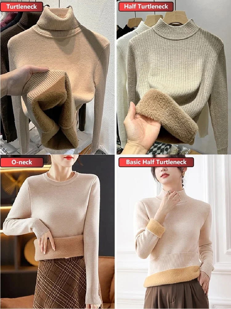Uveng Warm Sweater Pullover Women Slim Thicken Plush Velvet Lined Knitwear Jumper Korean Half Turtleneck Poleras Soft Knit Tops