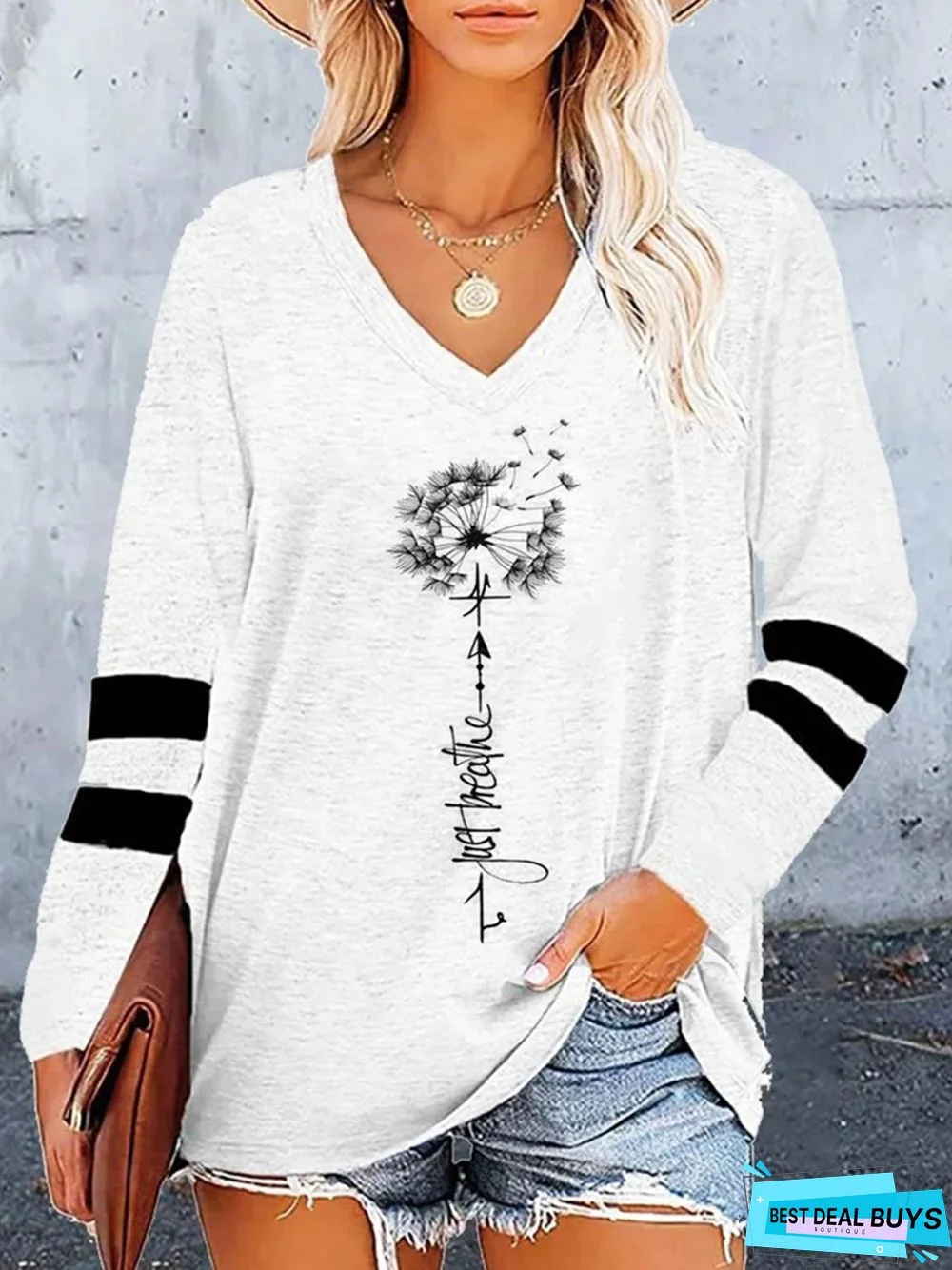V Neck Dandelion Long Sleeve Loose Tunic T-Shirt