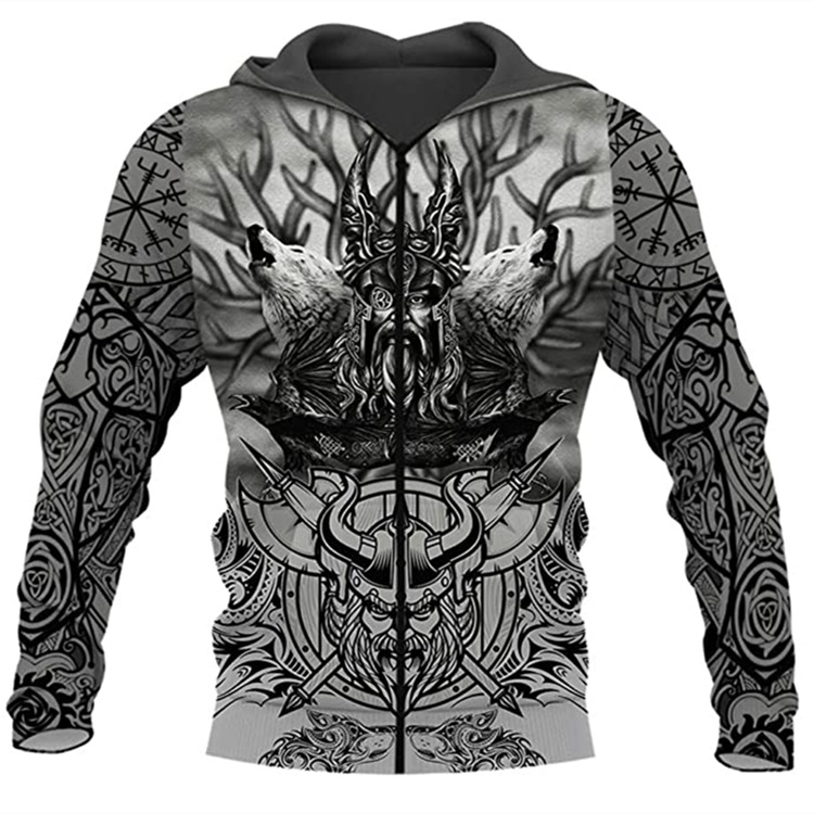 Nordic Warrior 3D Printed Hoodie with Wolves and Runes
