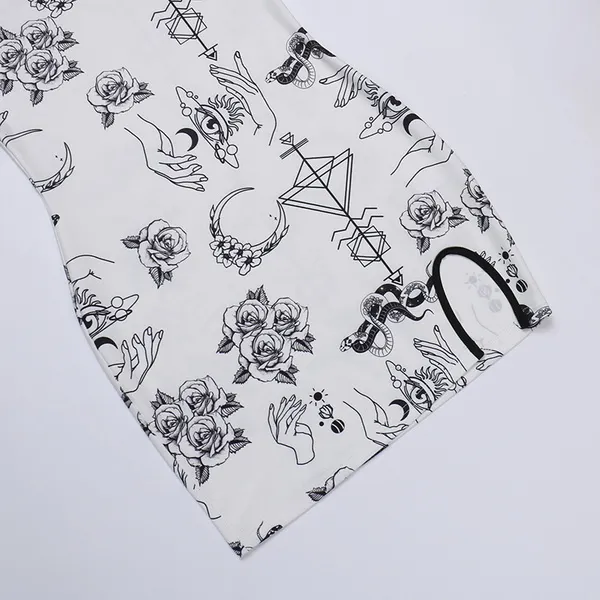 Womens Vintage Cheongsam Print Dress floral white short sleeve high waist skinny mini