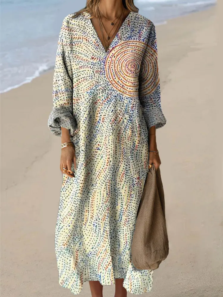 Women's Abstract Sun Pattern Art Print Cotton Dress