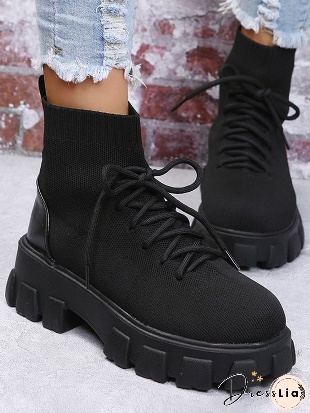 Versatile Platform Lace-Up Casual Black Short Flyknit Sock Boots