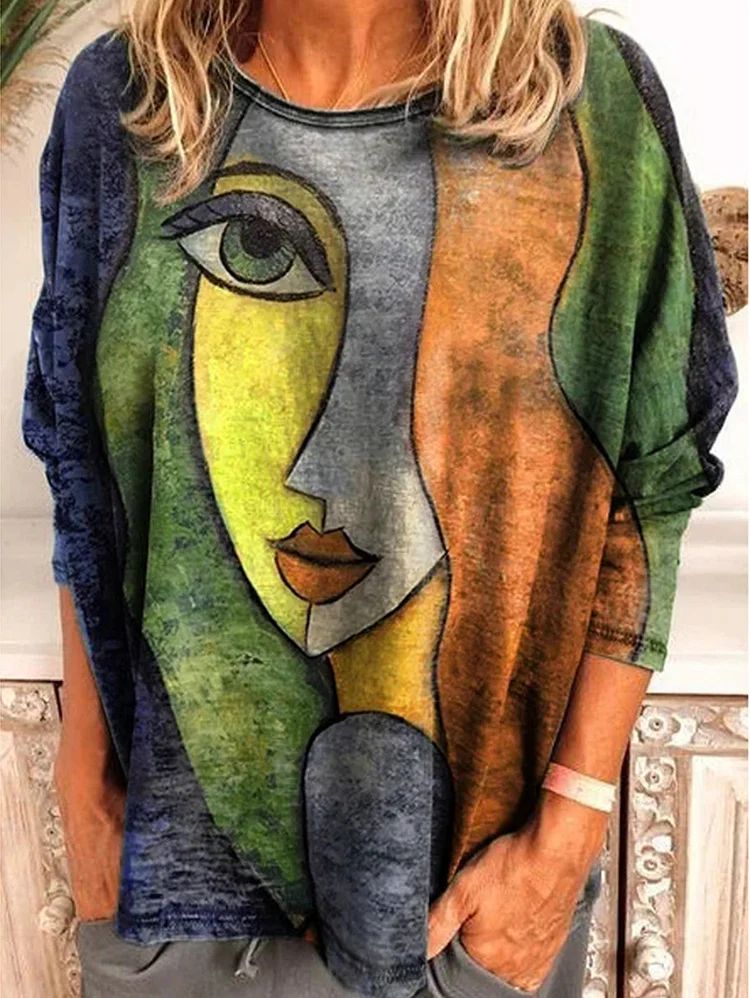 Abstract Color Block Graphic Pattern Long Sleeve Loose T-shirt