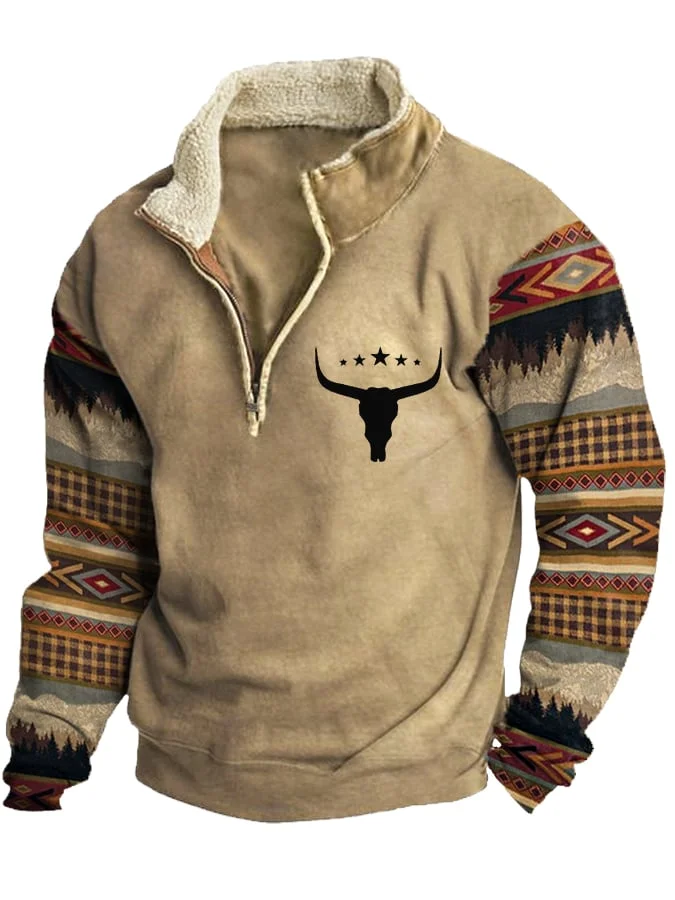 Men's Aztec Bull Skull Print Zipper Fur Collar Pullover