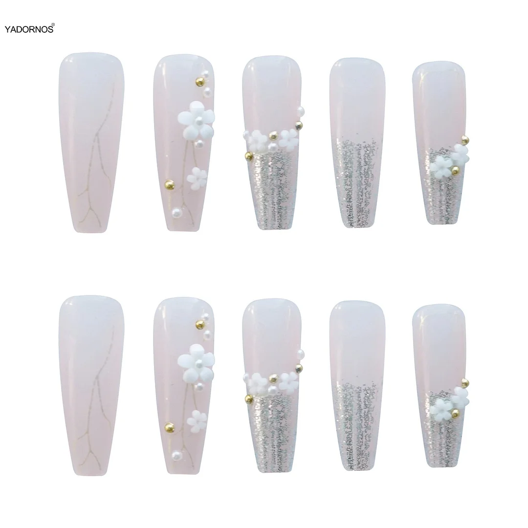 Japanese Nail Sticker Long Pointed Head Nails White Flower Print Nail Art Finished Nail Piece 24pcs Glue Type Best Gifts Ty-Nail Inspo