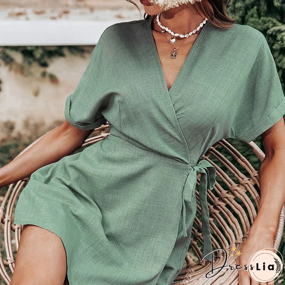 Chic Fashion Women Short Jumpsuit Dress Summer New V Neck Short Sleeve Solid Elastic Waist Lace-up Slim Women Mini Playsuit