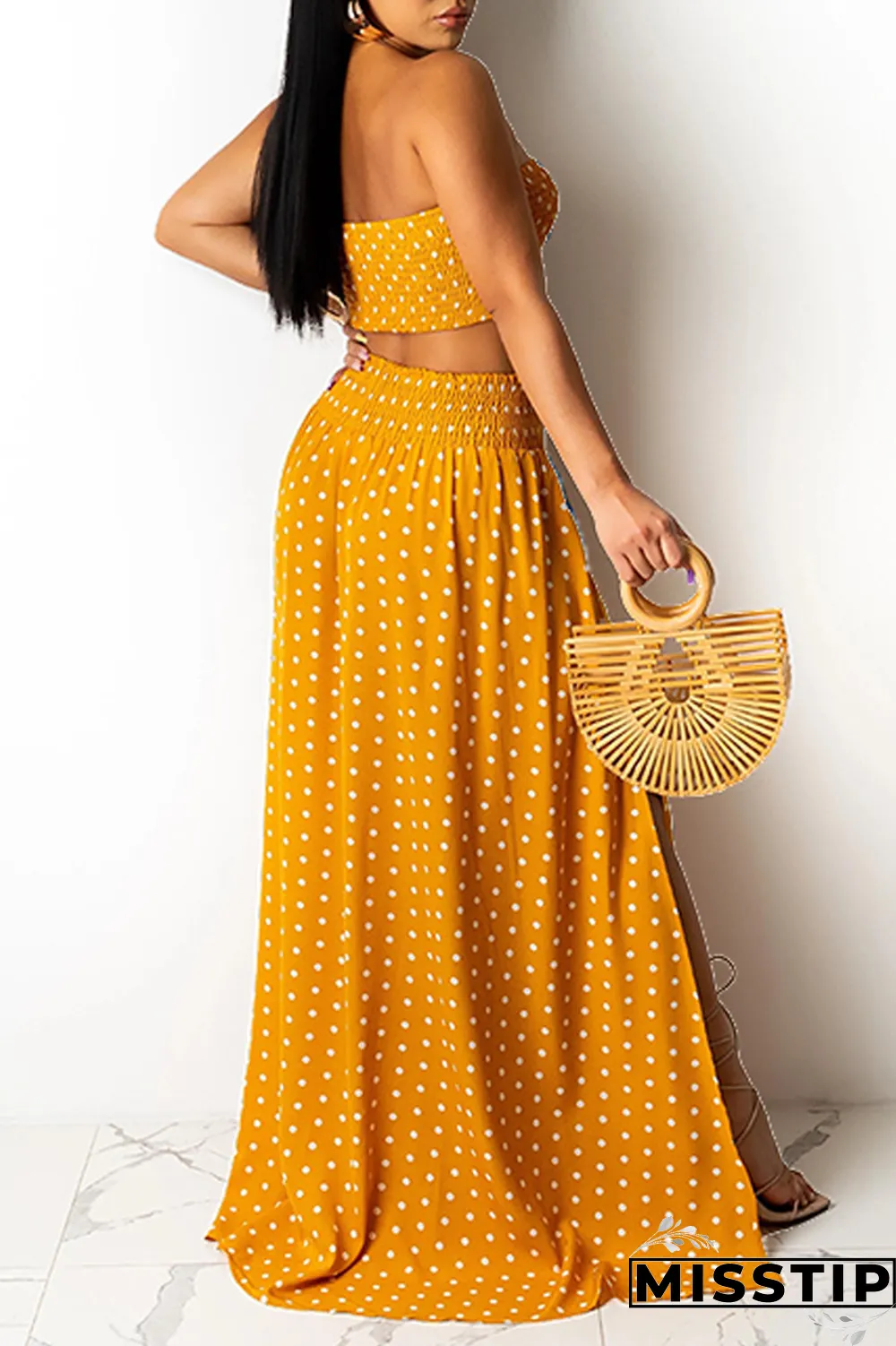 Yellow Sexy Dot High Opening Strapless Sleeveless Two Pieces