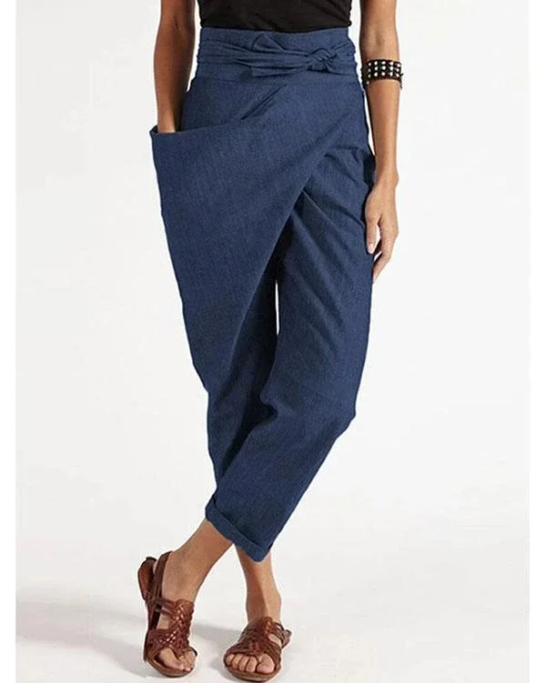 casual wrap pocket irregular plus size harem pants with belt p317953