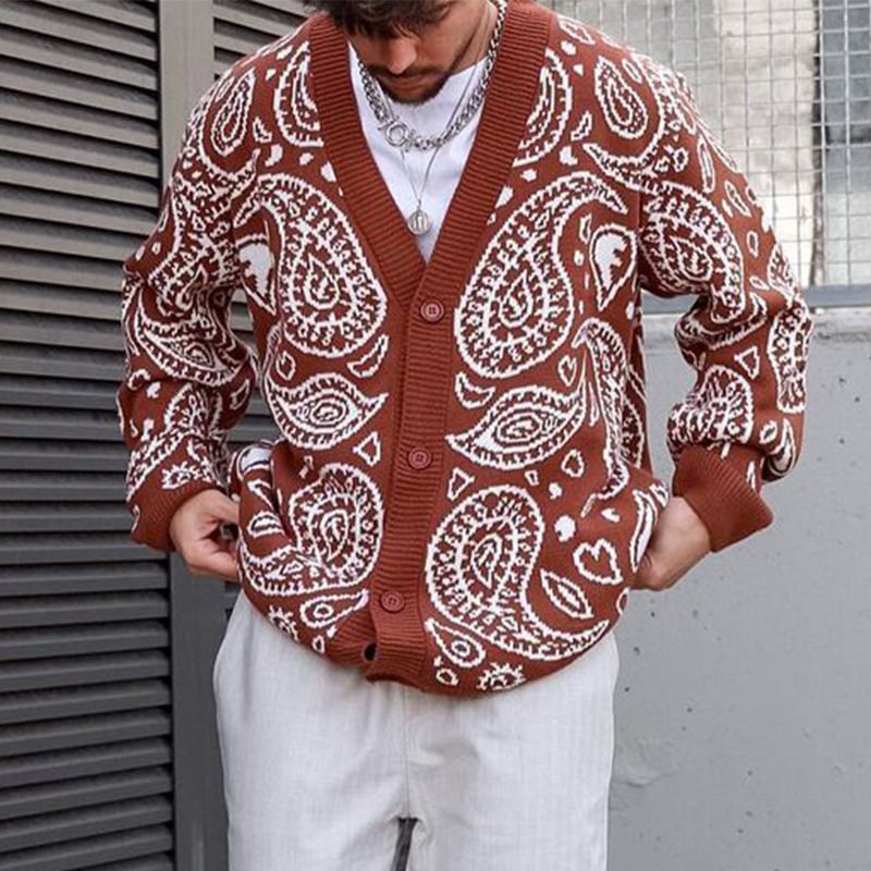 Loose Casual V-neck Retro Men's Fall Sweater Cardigan-VESSFUL