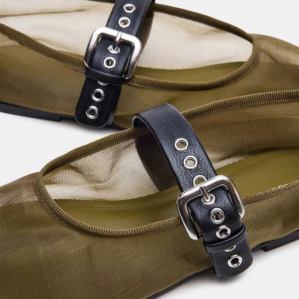 Olive Mesh Round Toe Flat Women's Mary Jane Shoes with Buckle