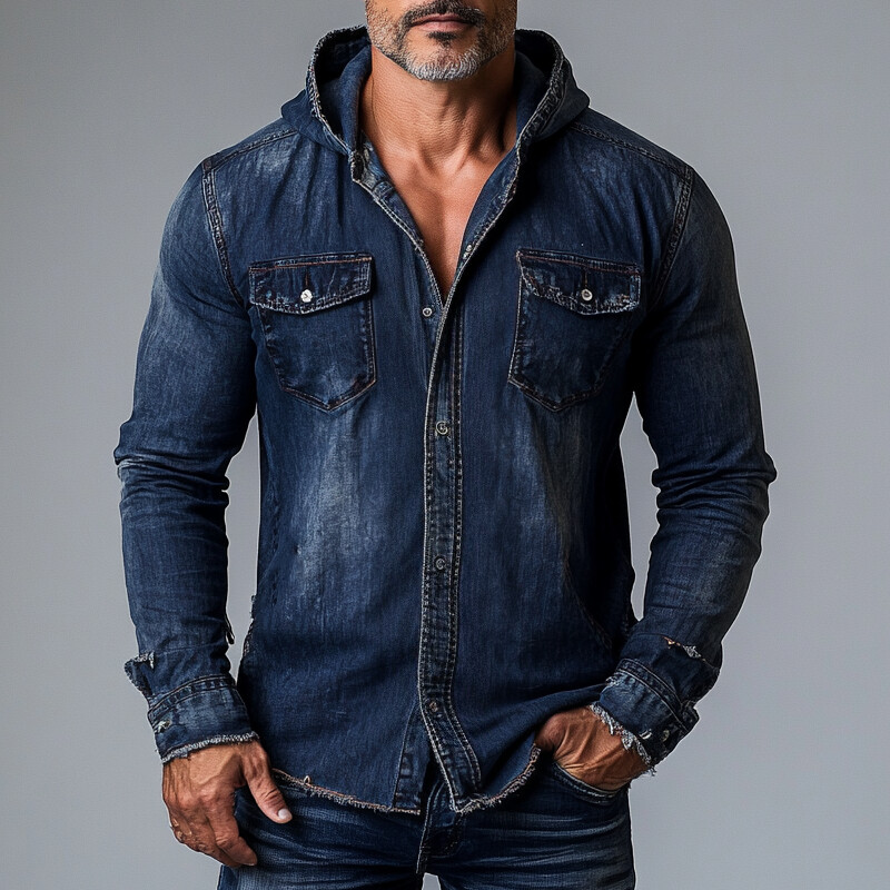Men's Denim Long Sleeve Button Chest Pocket Hooded Shirt