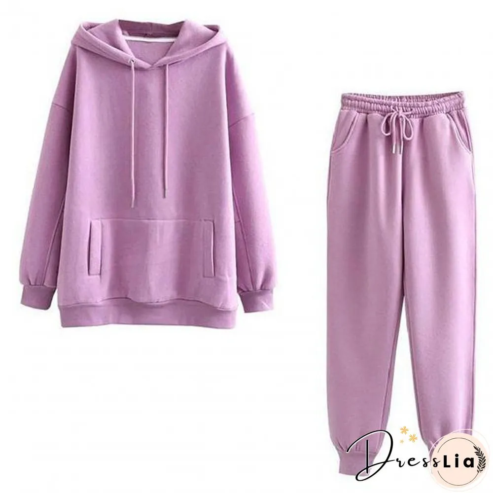 Sweatshirt Pants Set Hooded Cold Resistant Drawstring Pockets Women Outfit For Office
