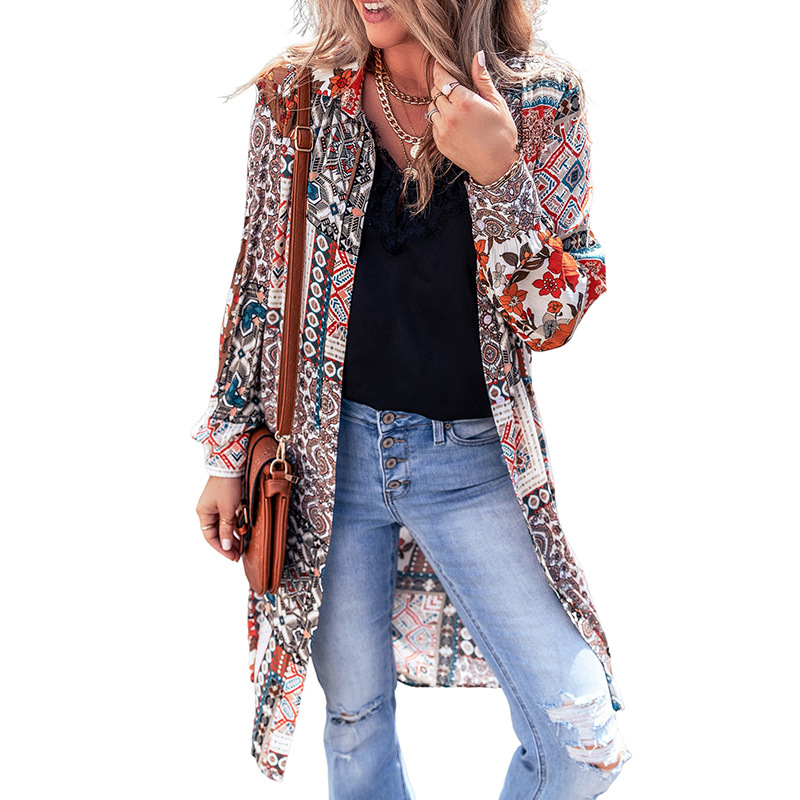 Mature Women Printed Beach Cardigan Long Sleeve Top