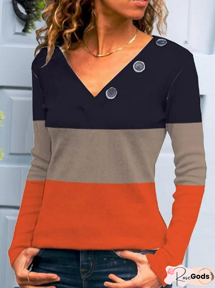 V Neck Color Block Casual T-Shirt