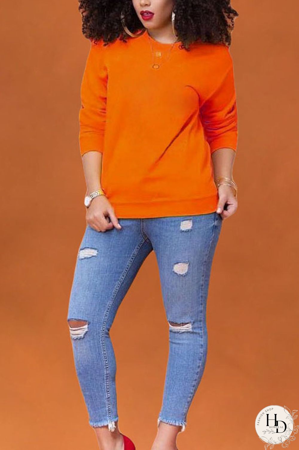 Orange Polyester O Neck Long Sleeve Solid Tops