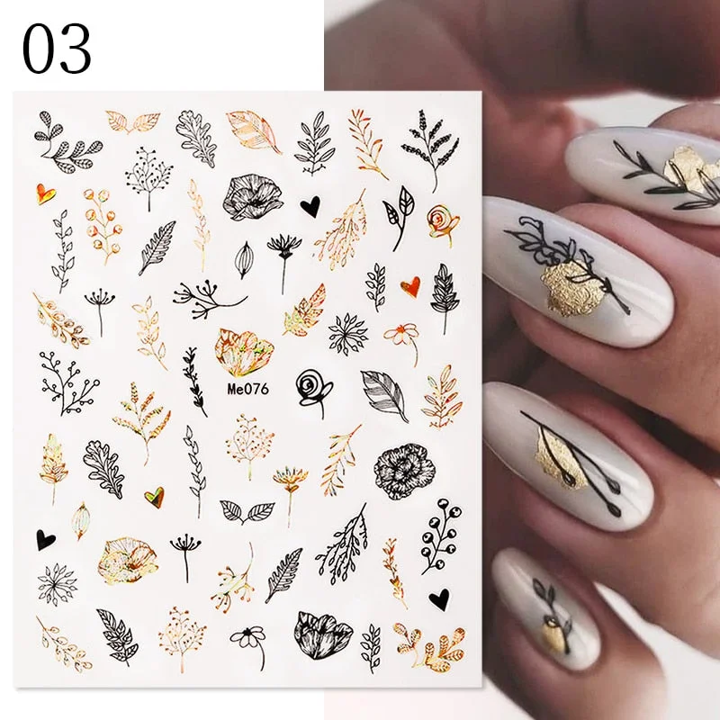 1 Pc White Gold Laser Leaves 3D Nail Stickers Leaf Cute Spring Sliders for Nails Flowers Adhesive Sticker Nail Art Design Decal-Nail Inspo