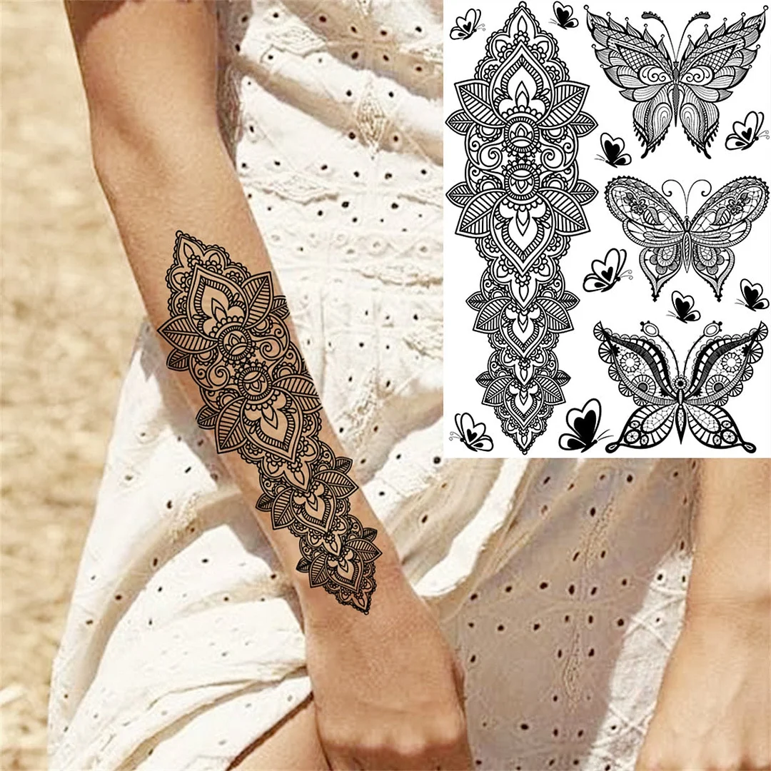 Black Lotus Henna Temporary Tattoo For Women Girls Mandala Flower Tattoos Sticker Fake Butterfly Tribal Bow Sexy Tatoos Adult