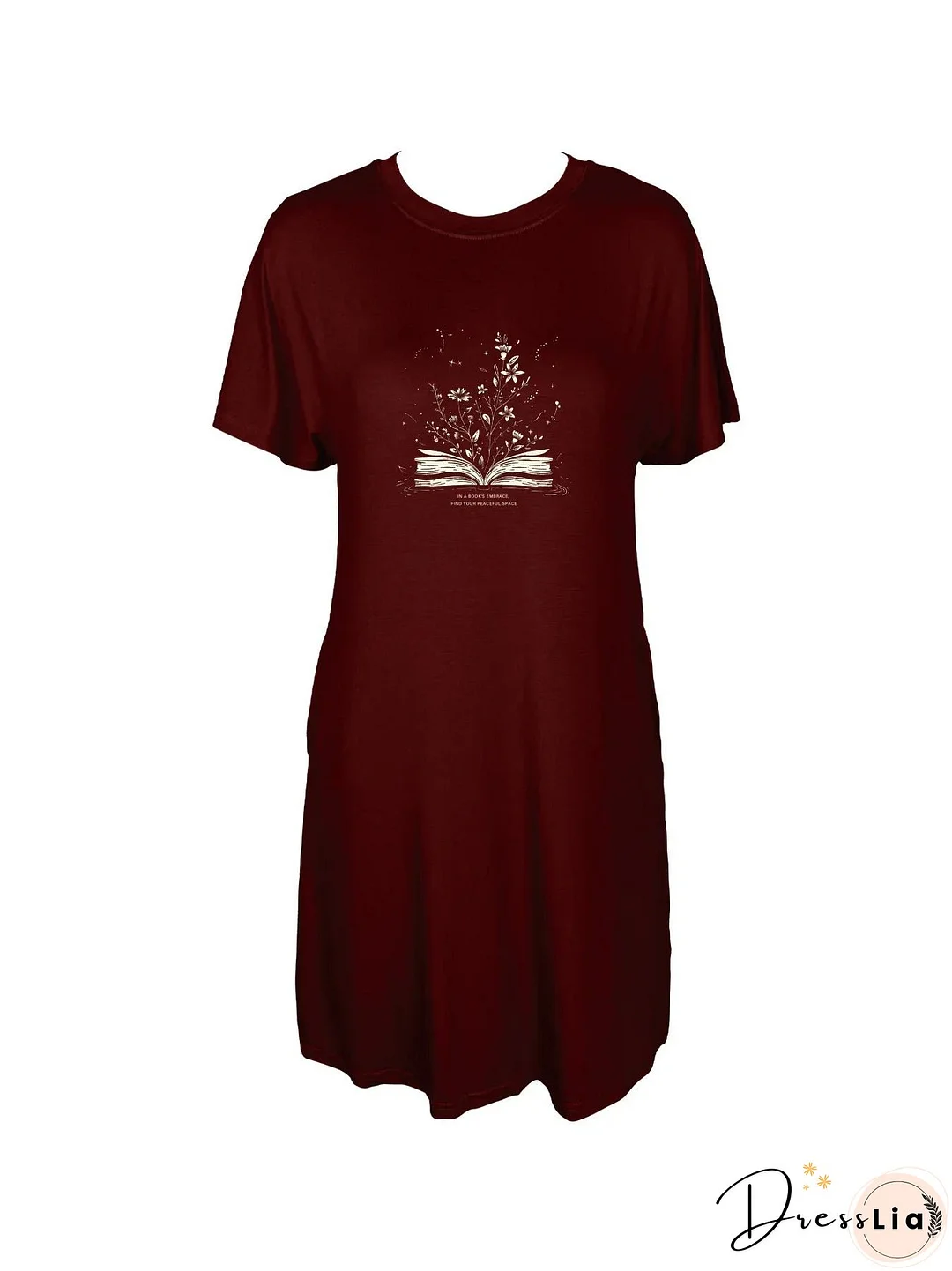 Intricate Blooming Book Graphic Print Crew Neck Tee Dress Casual Short Sleeve Dress For Spring & Summer Women's Clothing