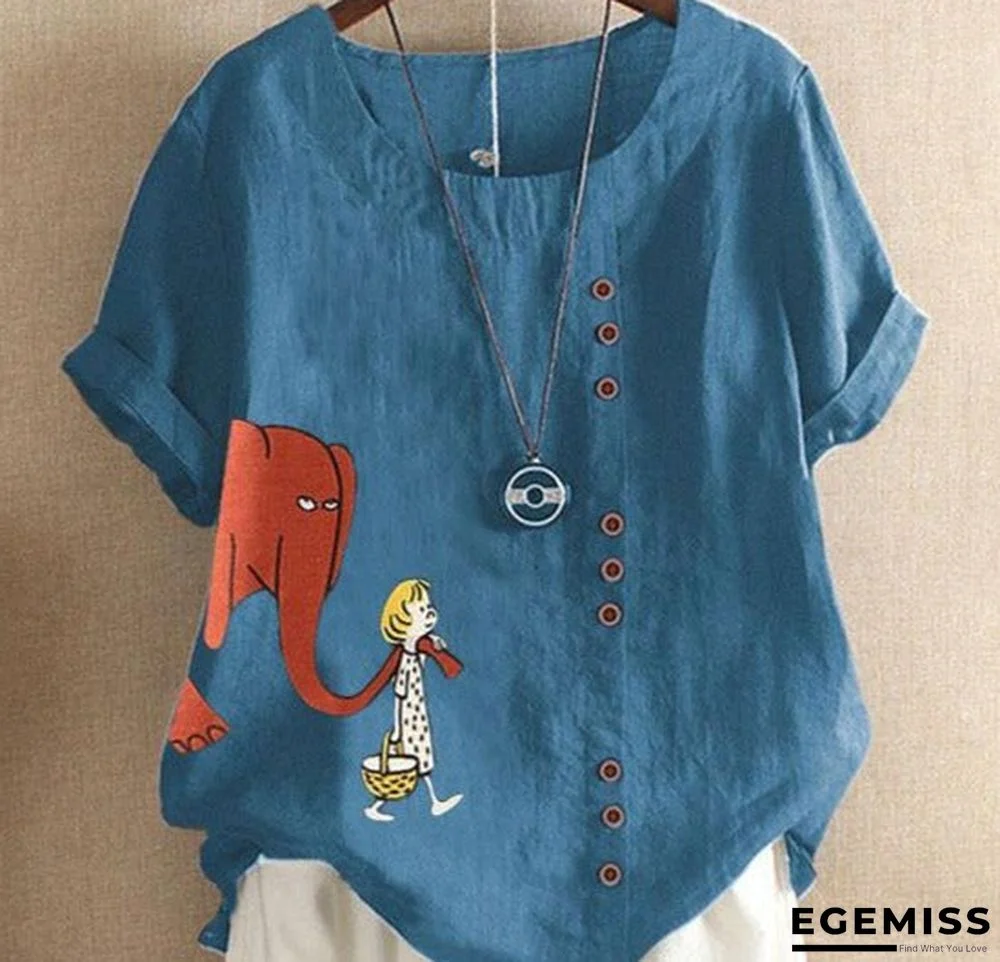 Blue Floral Cotton-Blend Short Sleeve Shirts & Tops | EGEMISS