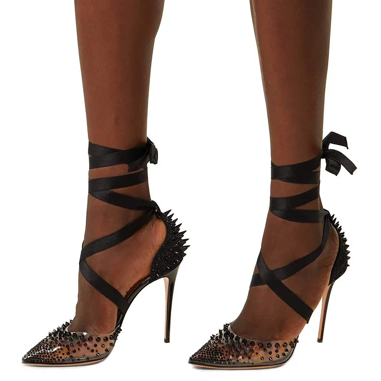 Women High Heel Ankle Strap Sandals Pointed Toe Rivets Pumps |FSJ Shoes
