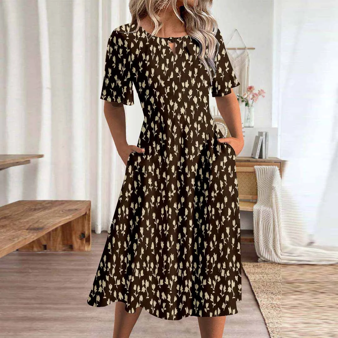 Women Floral,Brown DZHA8082 Short Sleeve Scoop Neck Graphic Printed Hollow Midi Dress