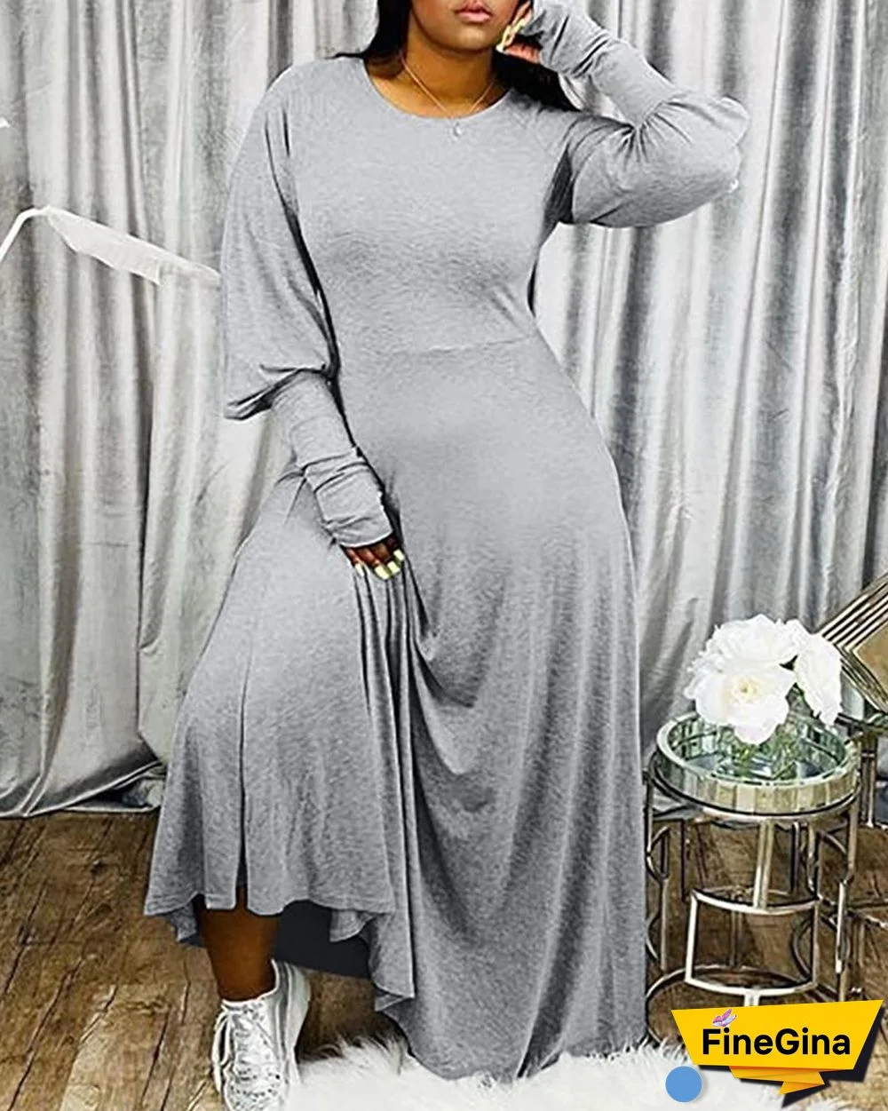 Solid Lantern Sleeve Maxi Dress