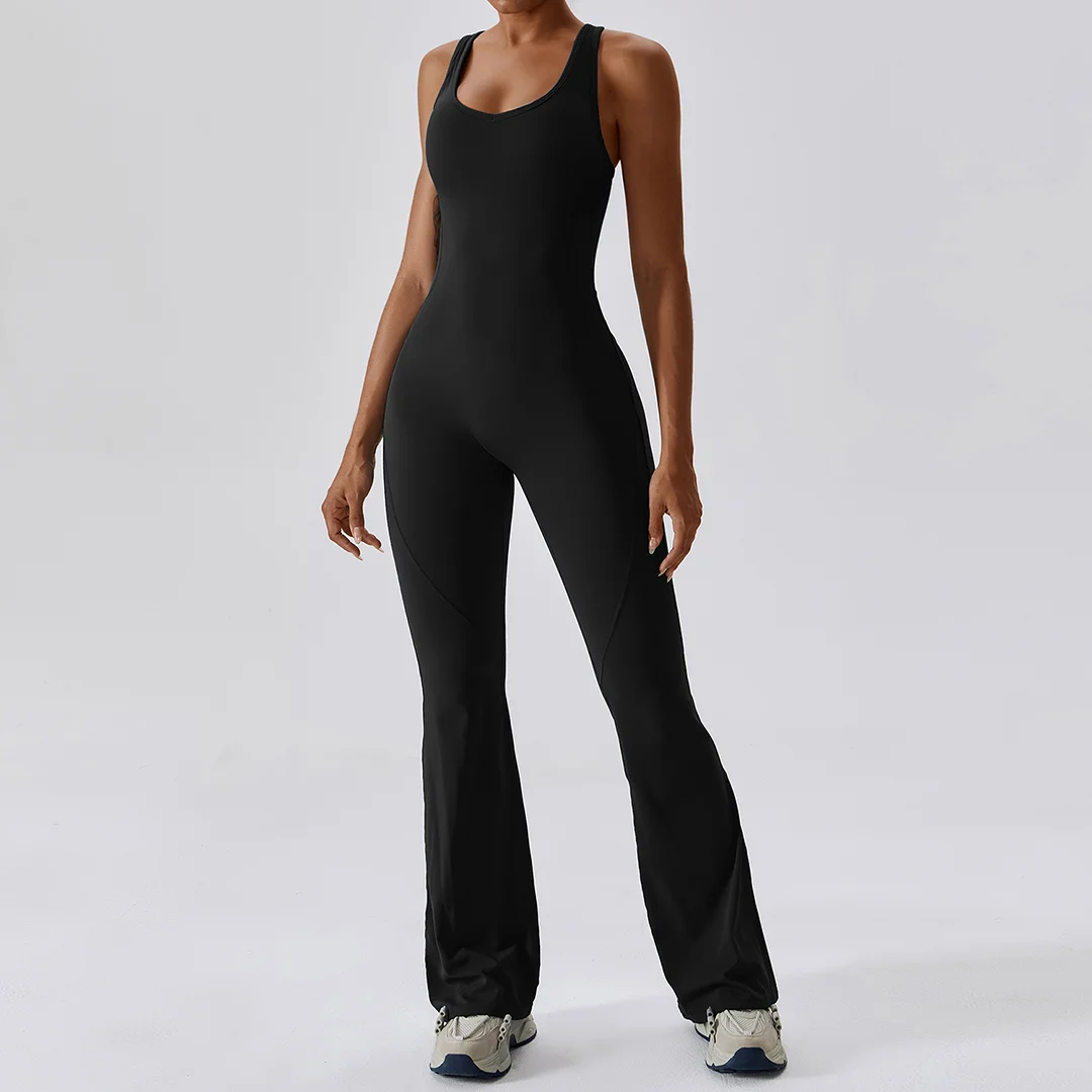 Solid flared trousers cutout back jumpsuit