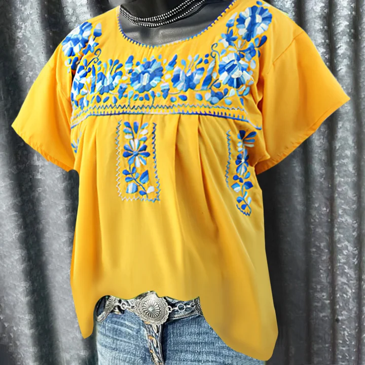 Yellow flower loose western casual graphic tees