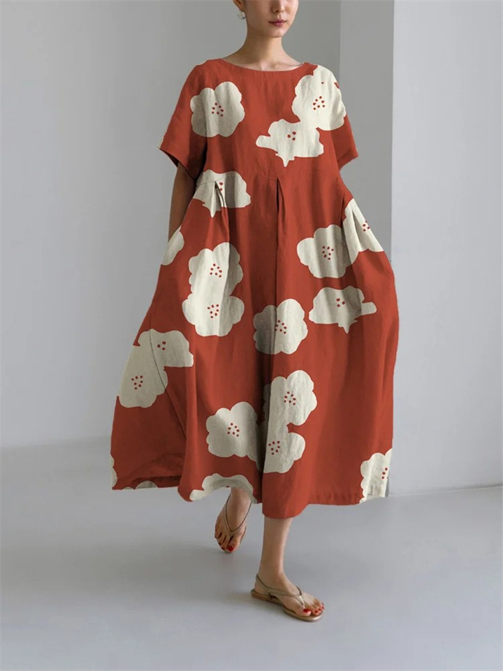 New Women's 3D Printing Short-sleeved Round Neck Hem Dress Dress Loose Printed Dresses