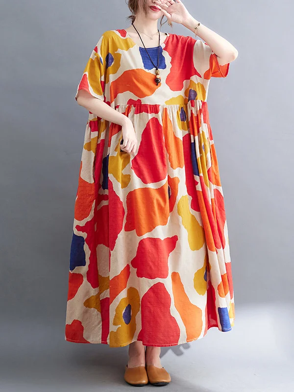 Artistic Retro Short Sleeves Loose Contrast Color Printed Round-Neck Midi Dresses