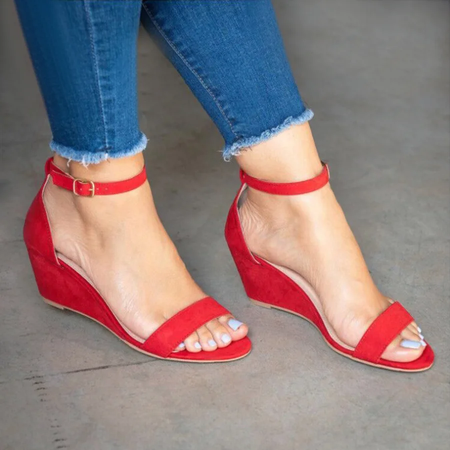 Plain Ankle Strap Peep Toe Date Travel Wedge Sandals - SissiStyles.com
