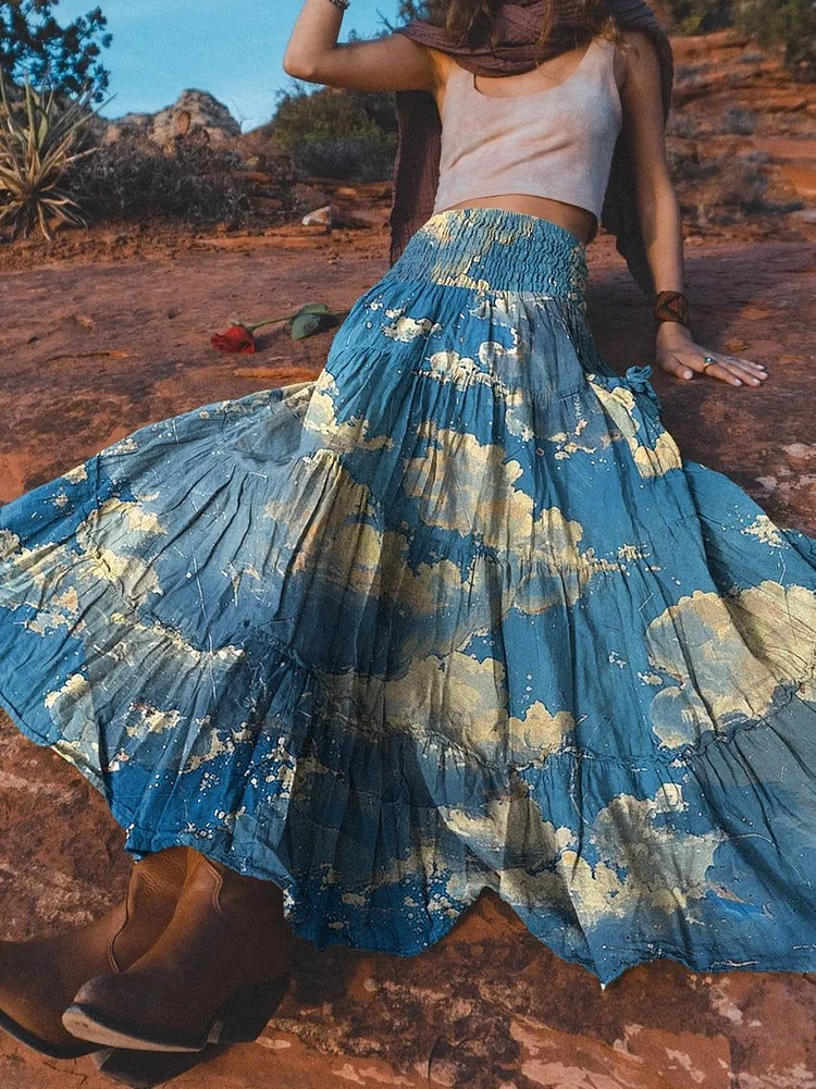 Women's Blue Sunny Day Print Cotton Pocket Skirt