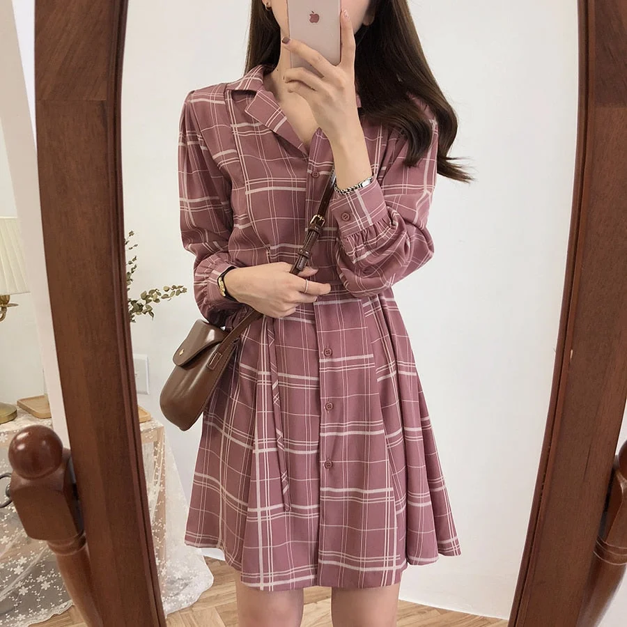 pink Plaid New Autumn Spring A Line Office Lady Dress Women Turn down collar Long Sleeve grid Casual Dresses Robe Femme Vestido