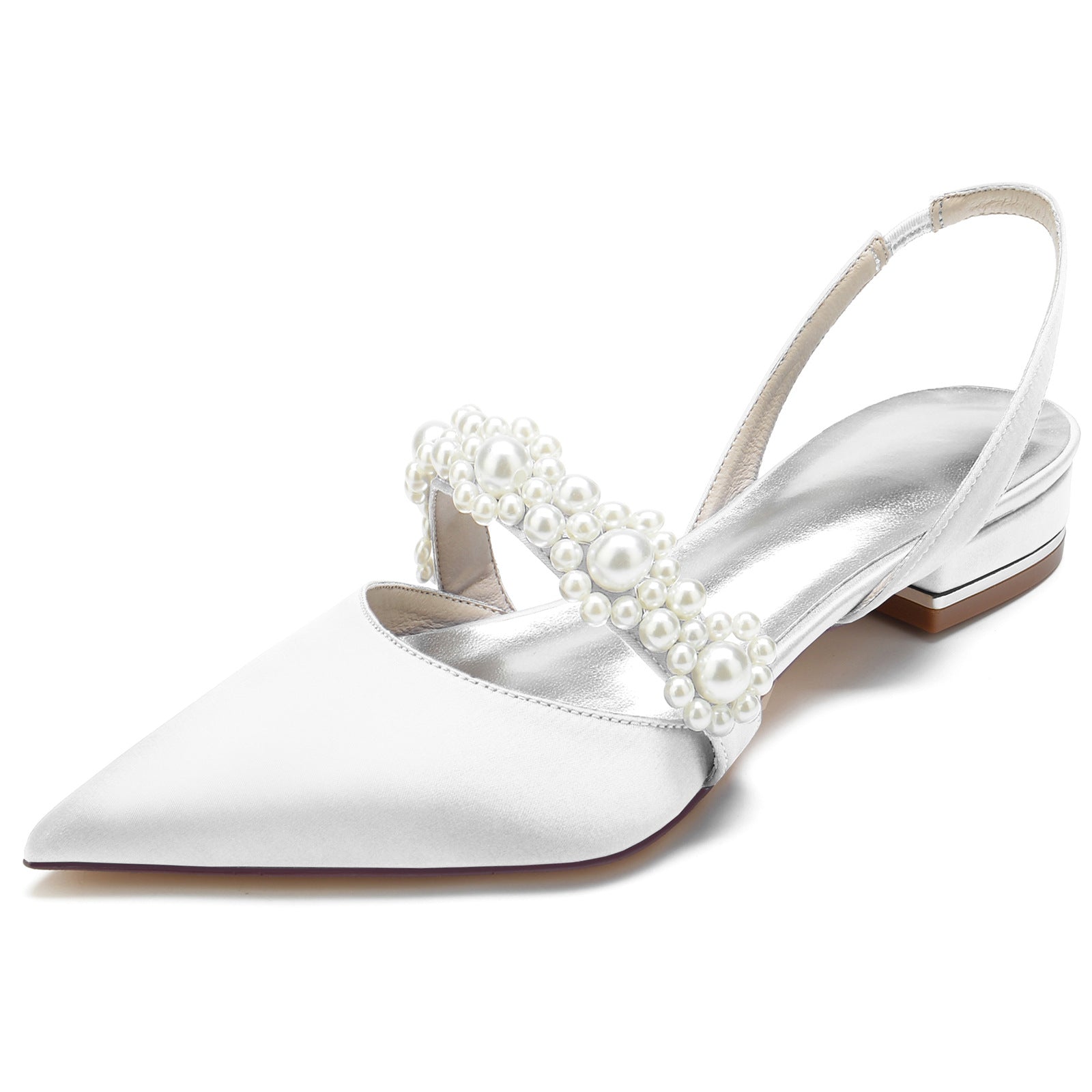 Elegant satin bridal sandals white pearls strap pointed closed toe sandals for party