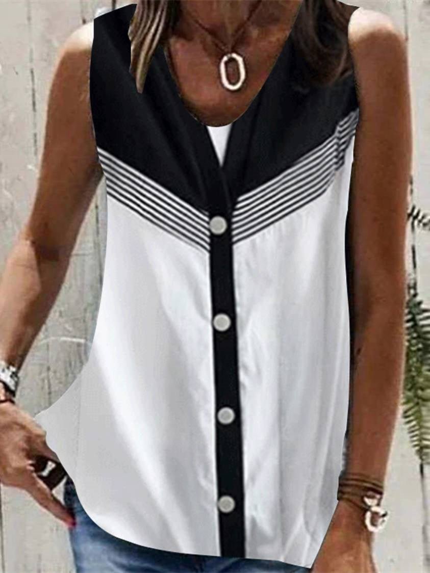 Women's Black and White V-neck Sleeveless Striped Top